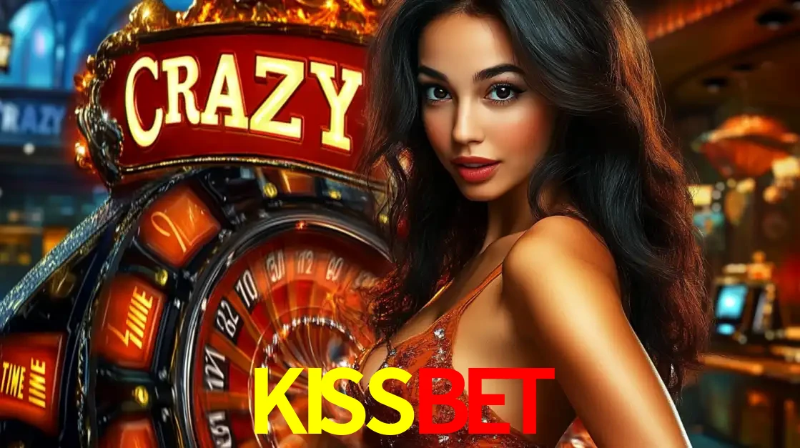 Mulher glamourosa olhando para a câmera com a roda vermelha do Crazy Time ao fundo em um ambiente de cassino, destacando a emoção dos jogos ao vivo no KISSBET.