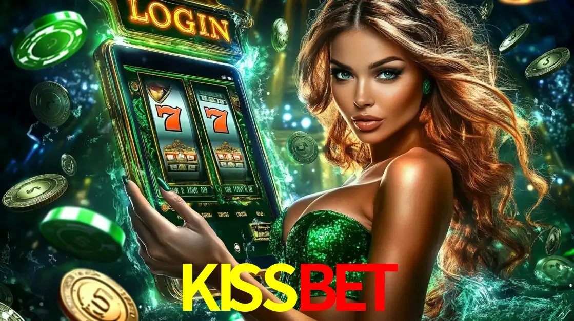 Mulher com tema verde apresentando o aplicativo do cassino KISSBET com um jogo de slot de 777, cercada por fichas de cassino e uma aura de sorte.