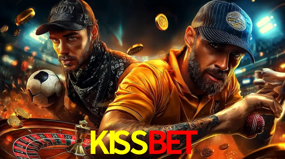 Montagem de apostas esportivas e cassino no KISSBET, com um homem segurando uma bola de futebol e outro uma de beisebol sobre uma roleta e moedas voadoras.