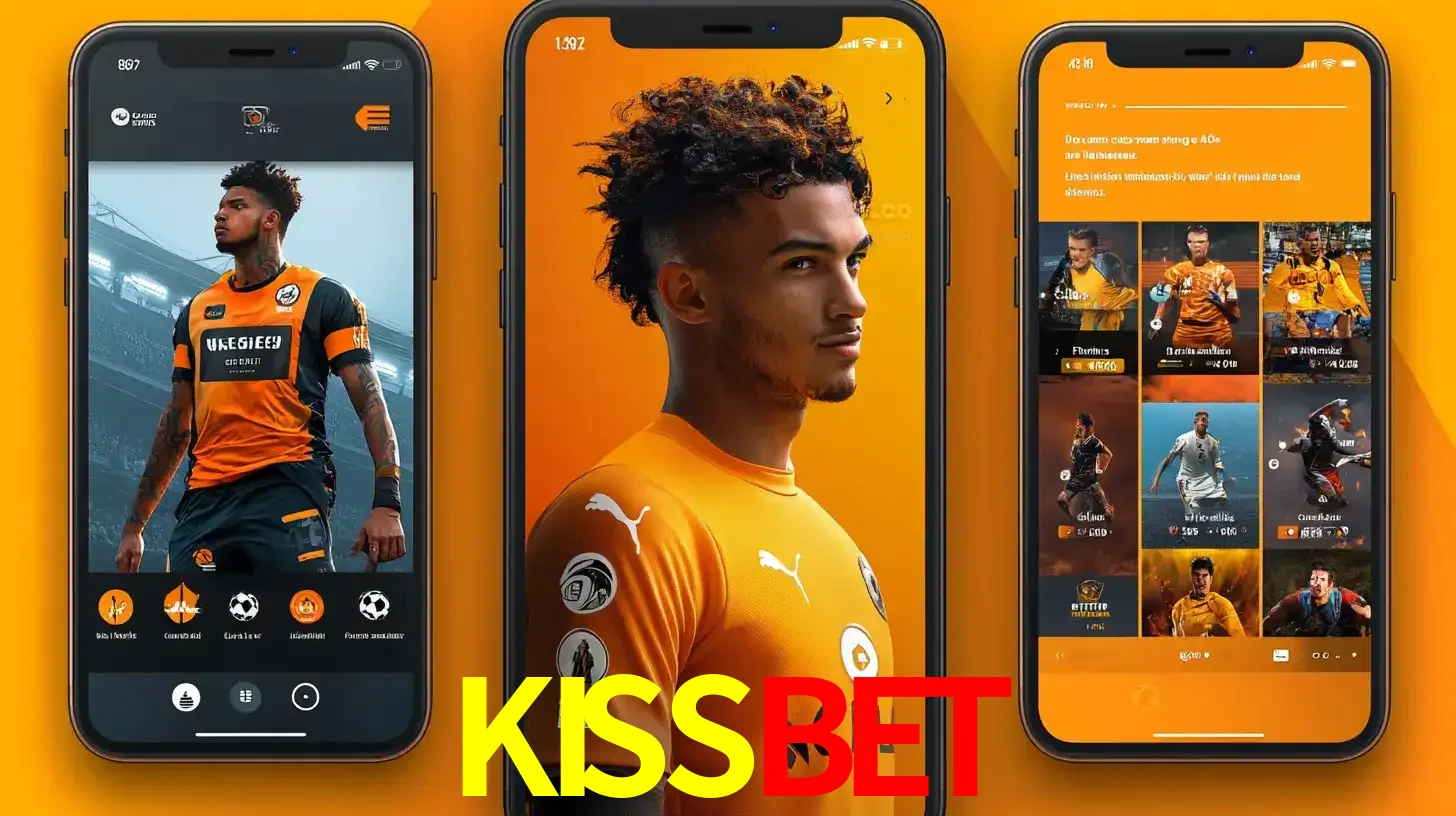 Interface do aplicativo de apostas esportivas KISSBET em três telas de celular, mostrando o perfil de um jogador de futebol e a lista de jogos disponíveis para apostar.