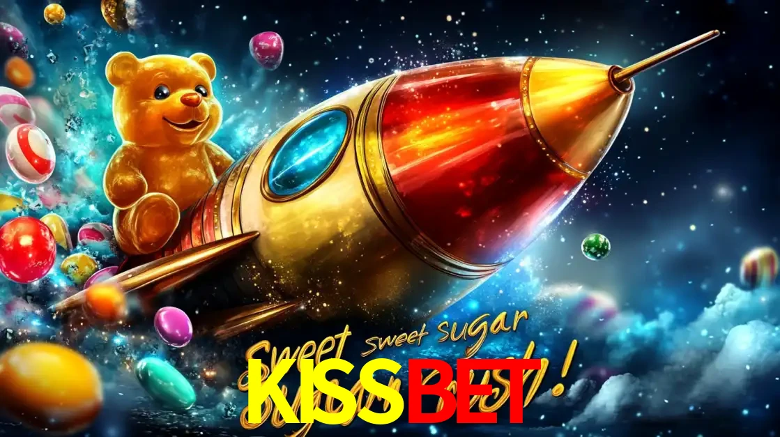 Arte promocional do jogo de slot Sugar Rush, com um urso de pelúcia em um foguete viajando pelo espaço de doces, um dos jogos divertidos disponíveis no cassino KISSBET.