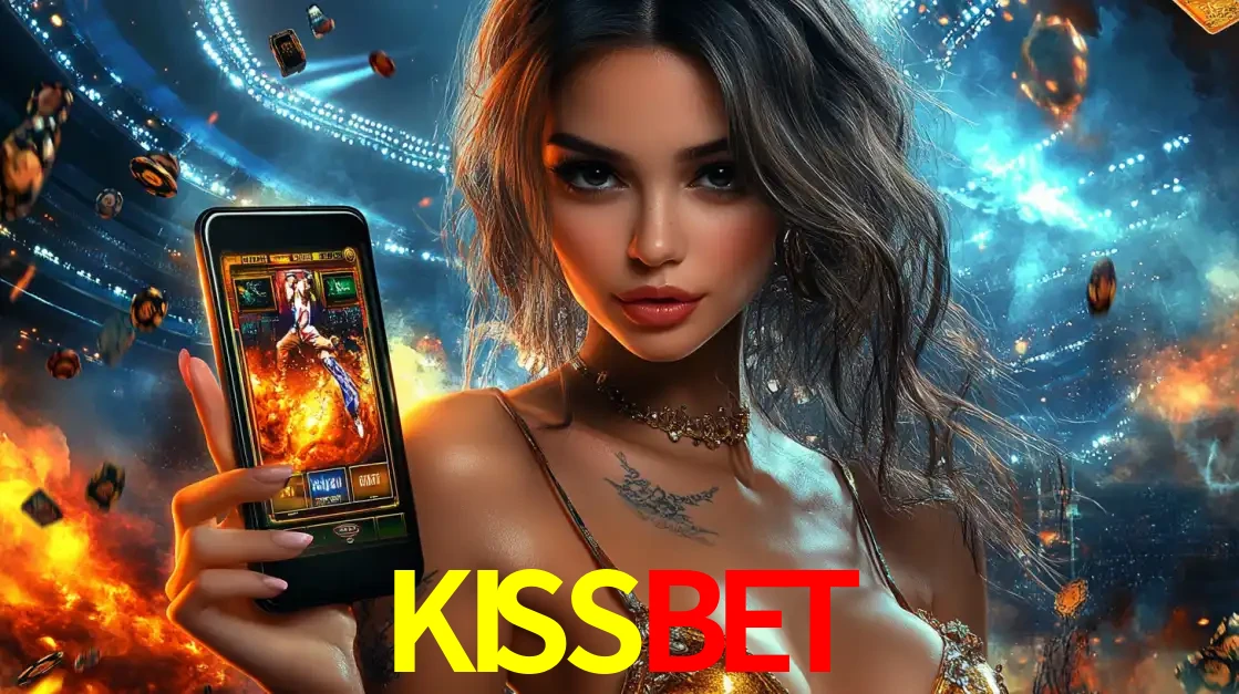 Mulher segurando um celular com um jogo de slot em destaque, tendo como fundo um estádio vibrante, simbolizando a emoção de jogar no cassino móvel KISSBET.